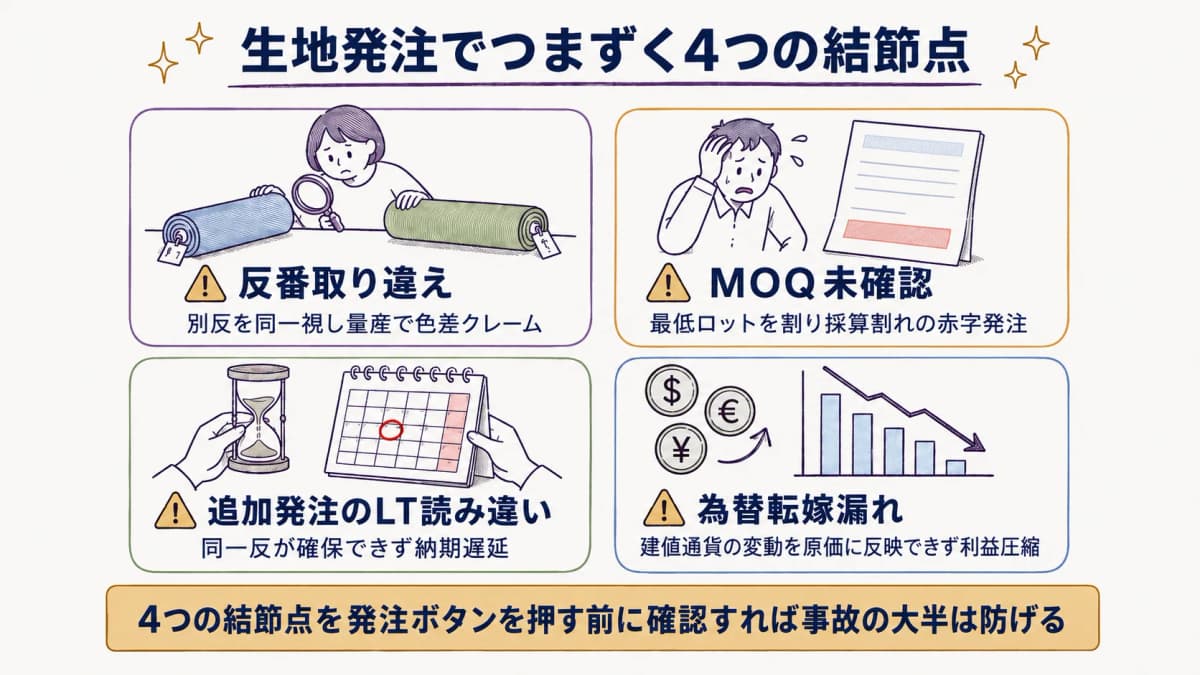 反番取り違え・MOQ未確認・追加発注のリードタイム・為替転嫁漏れの4つのつまずきを並べた図