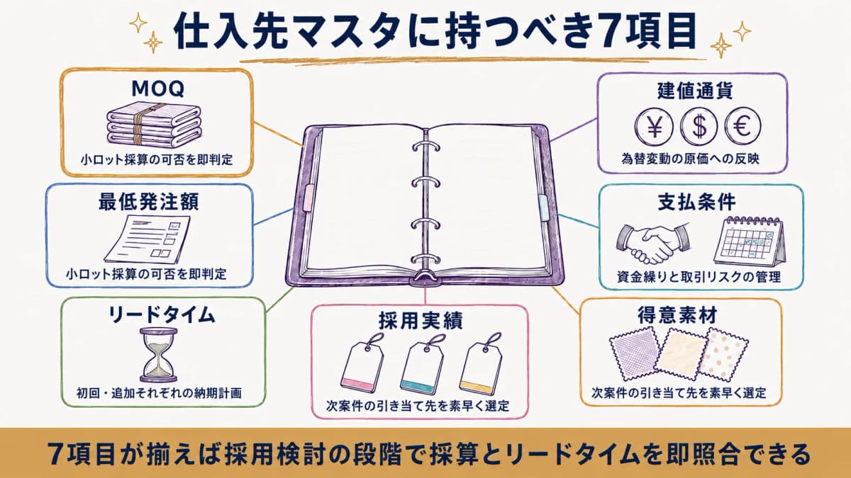 仕入先マスタに持つべきMOQ・最低発注額・リードタイム・建値通貨・支払条件・得意素材・採用実績の7項目を並べた図