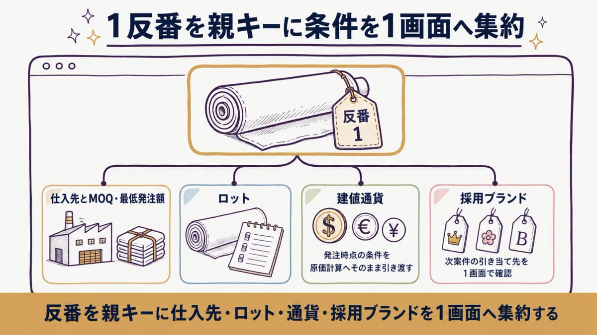 1つの反番に仕入先・ロット・建値通貨・採用ブランドを紐づけ、1画面で発注判断する構造を示した図