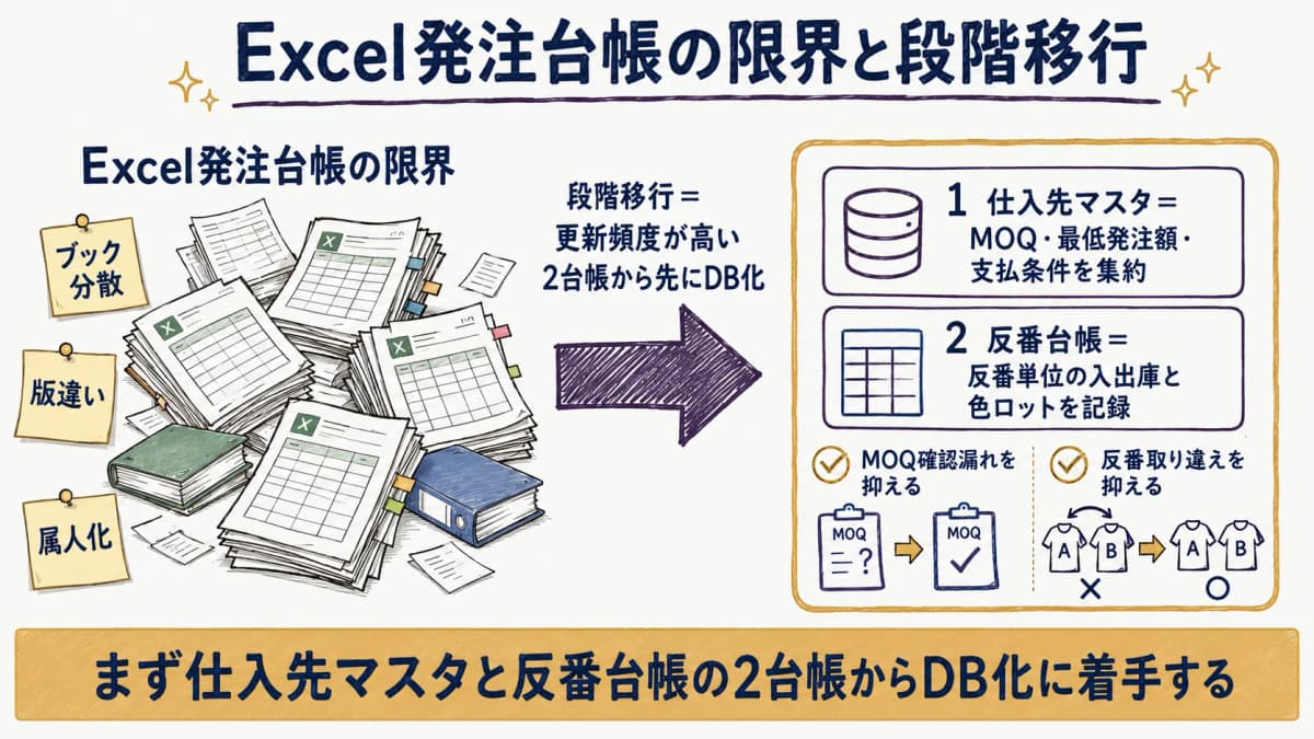 Excel発注台帳のブック分散・版違い・属人化と、仕入先マスタ・反番台帳への段階移行の流れを示した図