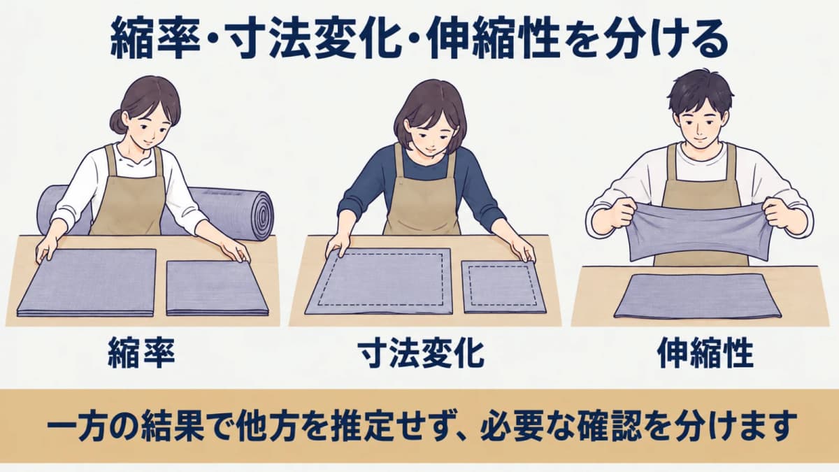 生地ロールの縦横方向と寸法変化を確認する図解