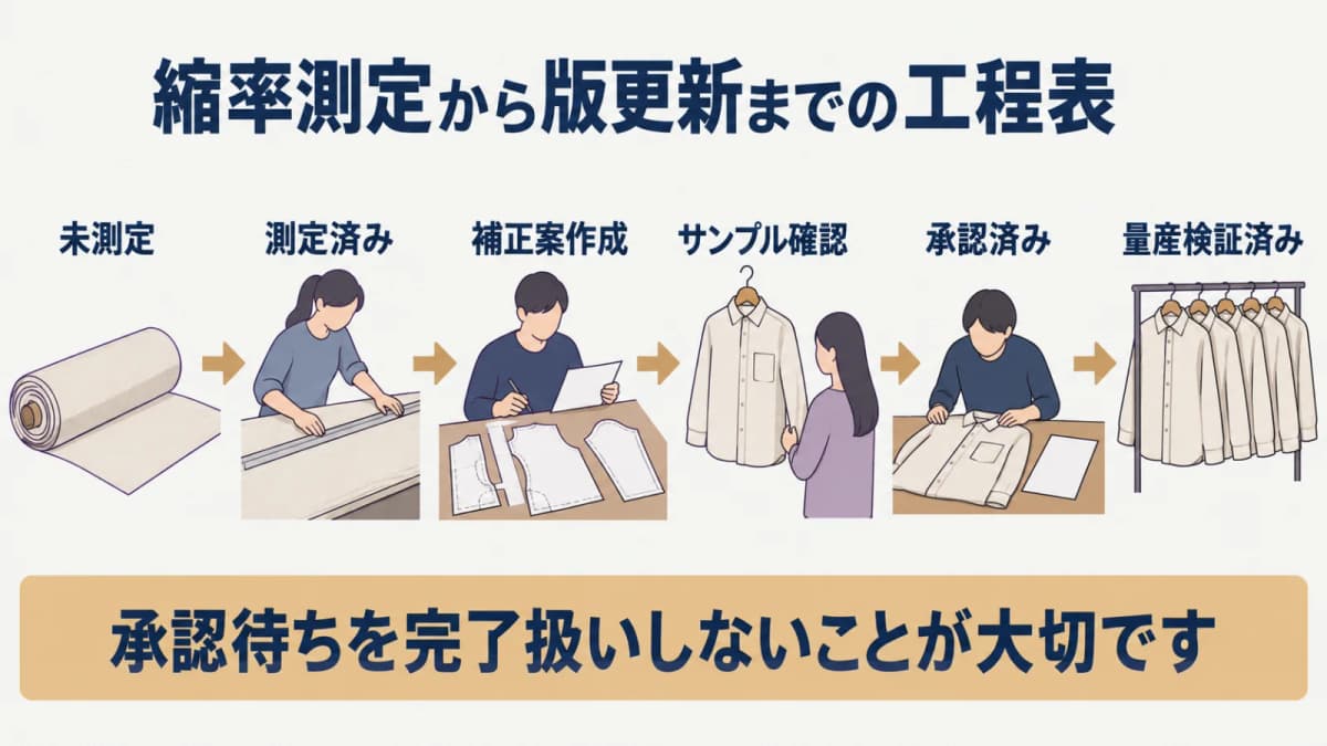サンプルと型紙の版を量産確認までつなぐ図解