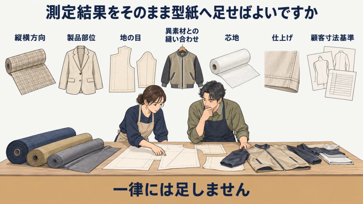 パタンナーと工場担当が生地と型紙を確認する図解