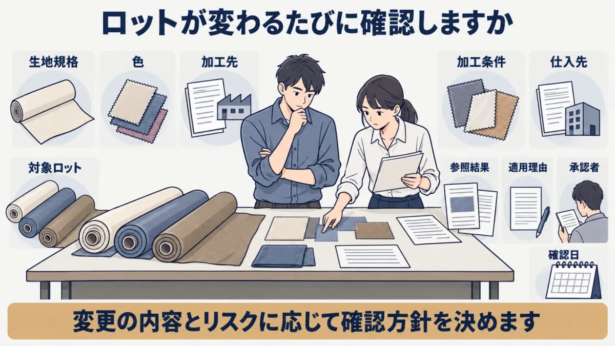 異なる生地ロットの試料を再確認する図解