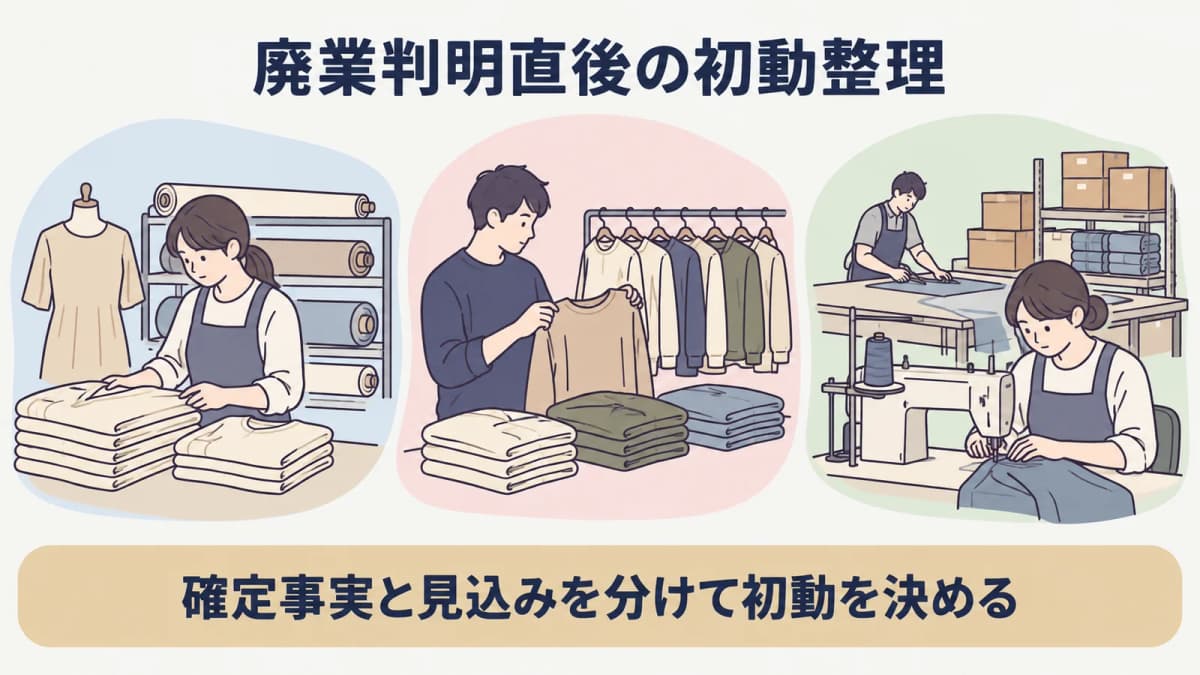 縫製工場の廃業判明時に停止日と発注残と仕掛品を整理する図解