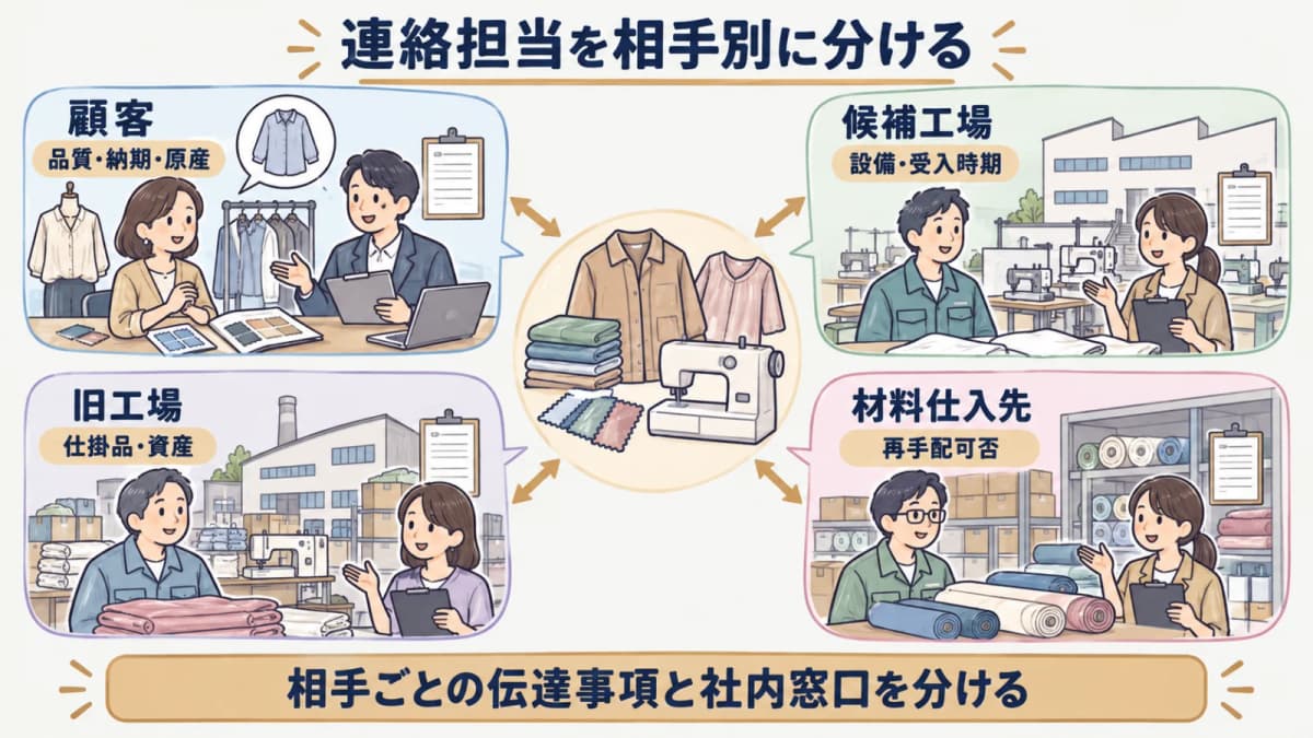 顧客と旧工場と候補工場の連絡担当を縫製品の品番別に分ける図解