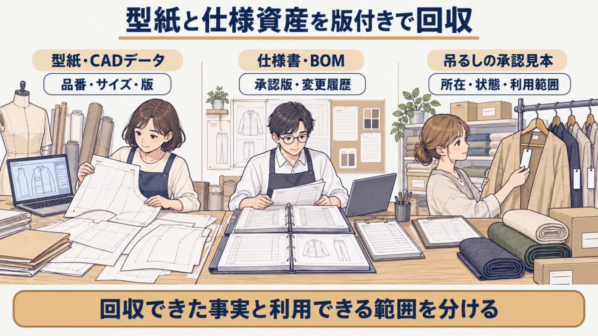 型紙と仕様書とBOMと吊るしの承認見本を版付きで回収する図解