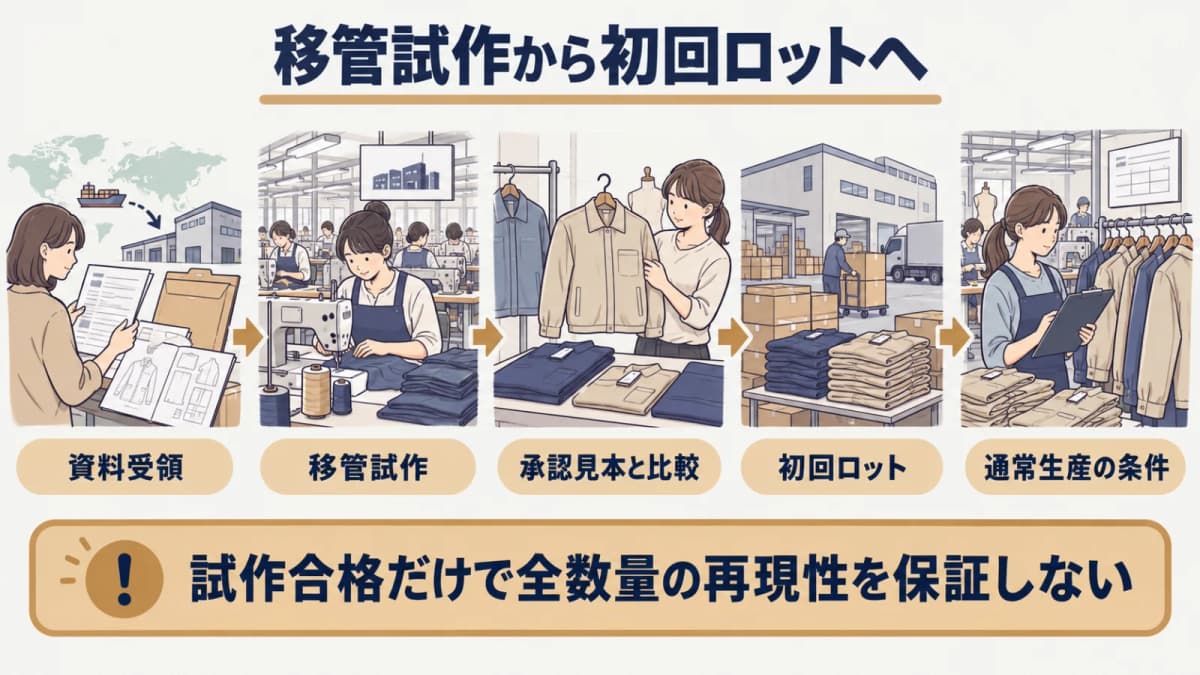 新しい縫製工場で移管試作と初回ロットを承認見本と比較する図解