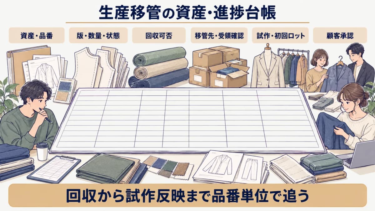 工場廃業時の資産と回収先と試作確認を一つの台帳で追う図解