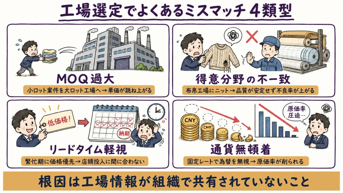 工場選定でよくあるミスマッチの4類型(MOQ過大・得意分野不一致・リードタイム軽視・通貨無頓着)を示した類型図