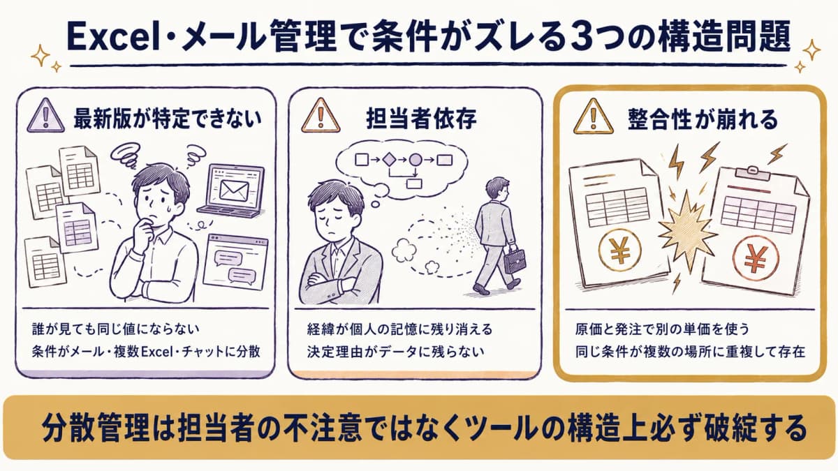 Excel・メール管理で条件がズレる3つの構造問題(最新版不明・担当者依存・整合性崩壊)を示した図