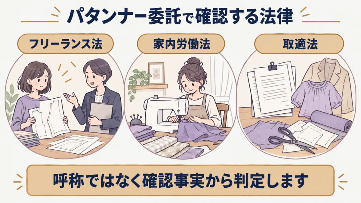 型紙を扱うパタンナーへの委託で三つの法律の確認入口を分ける図解