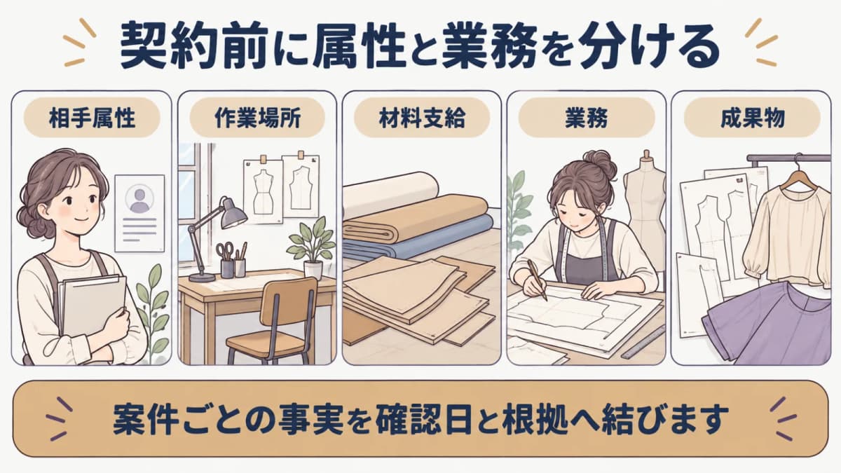 個人パタンナーの属性と型紙や縫製品の業務内容を契約前に確認する図解