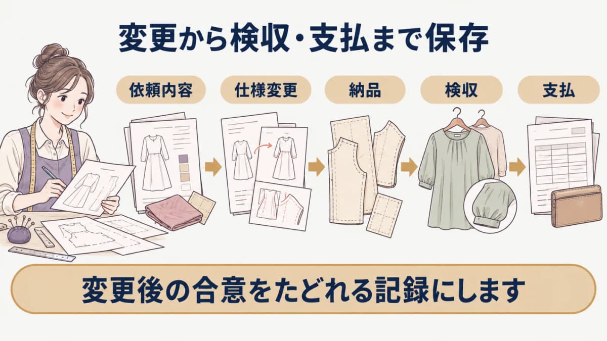 型紙の変更から検収と支払までを品番別に記録する図解