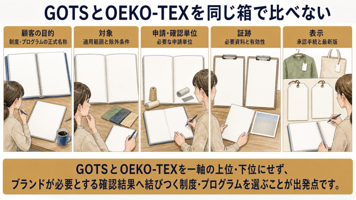 GOTSとOEKO-TEXの対象範囲を分ける図