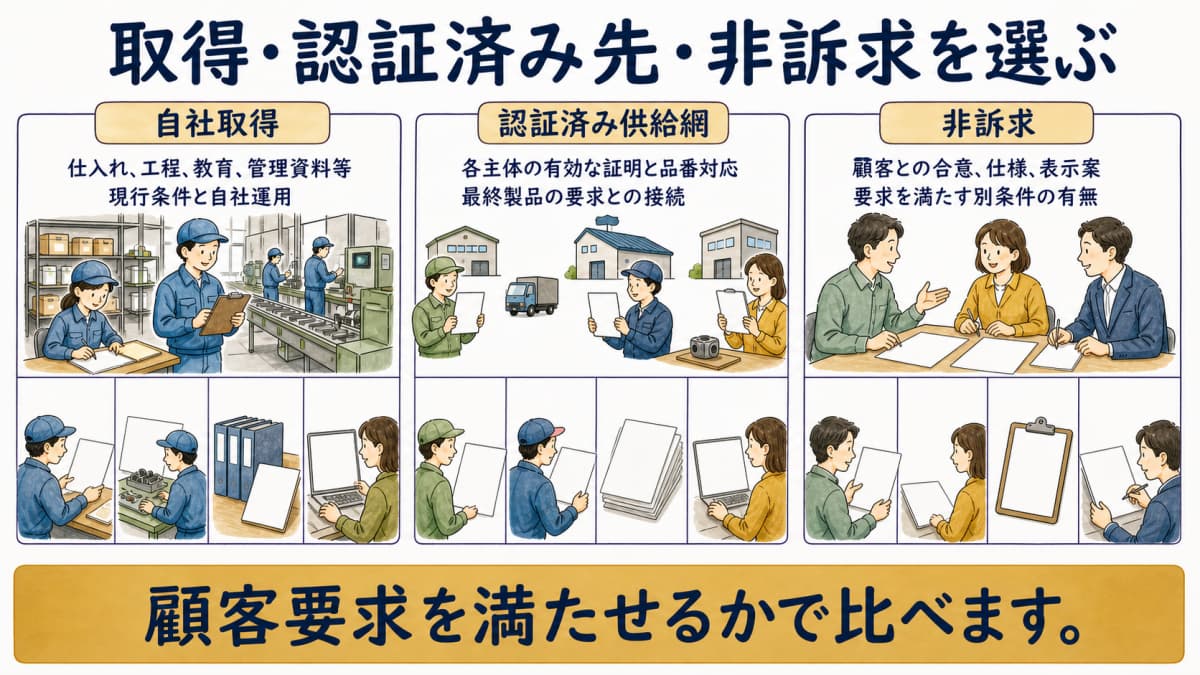 自社取得・認証済み供給網・非訴求を比べる図