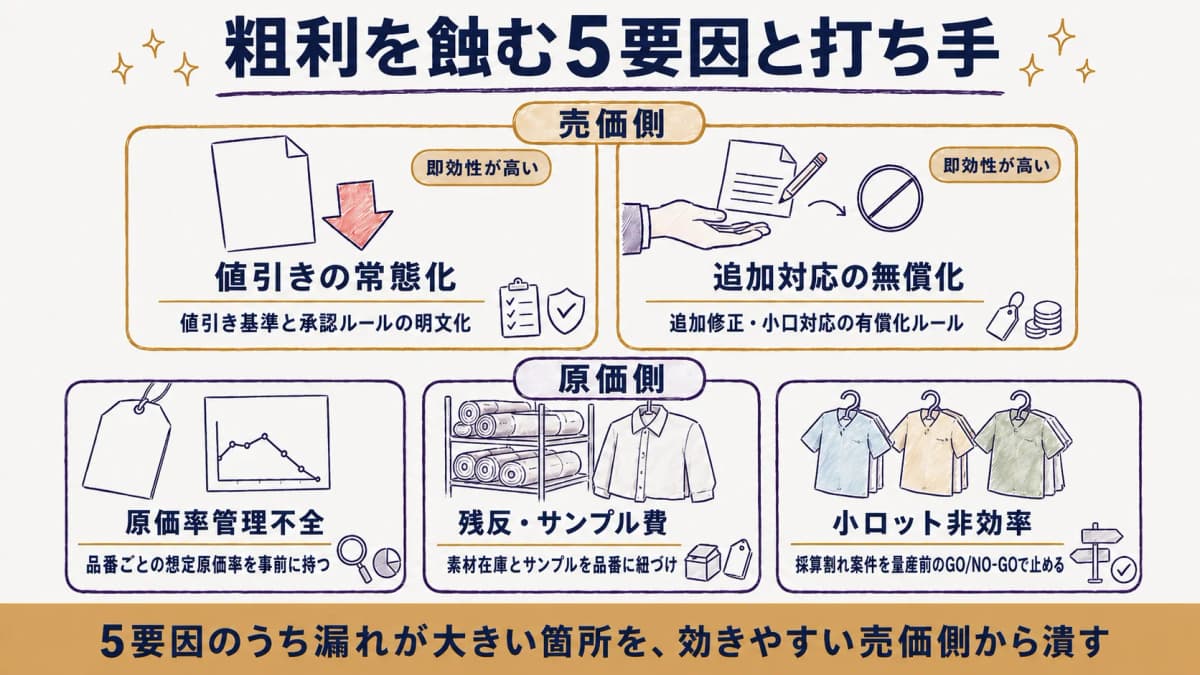 アパレルODMの粗利を蝕む5要因(売価側2・原価側3)と打ち手を一覧化した早見表の図