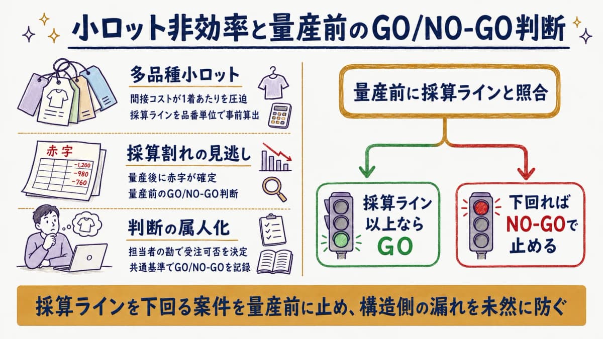 多品種小ロットの間接コストと量産可否判断のGO/NO-GOフロー図