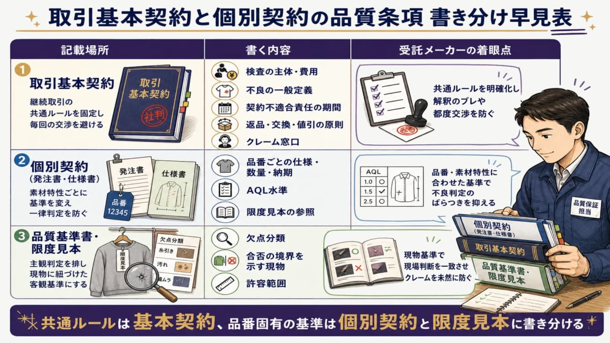 取引基本契約と個別契約の品質条項の書き分け図