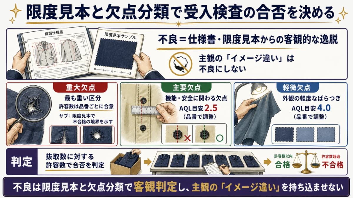 限度見本と欠点分類による受入検査の合否判定