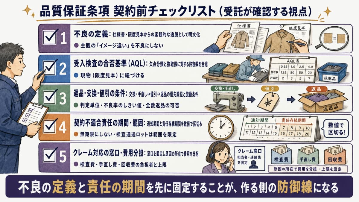 受託メーカーが契約前に確認する品質保証条項のチェックリスト(不良の定義・受入検査AQLの合否基準・返品交換値引の条件・契約不適合責任の期間と範囲・クレーム対応の窓口と費用分担)を作る側視点で並べた図。
