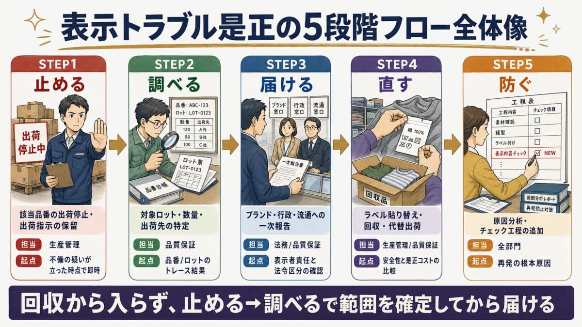 アパレル品質表示トラブルの5段階是正フロー全体像