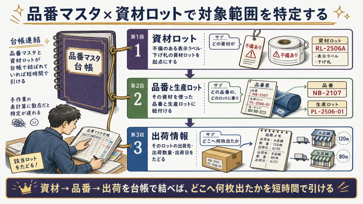品番マスタとロットのトレースによる対象範囲特定のイメージ