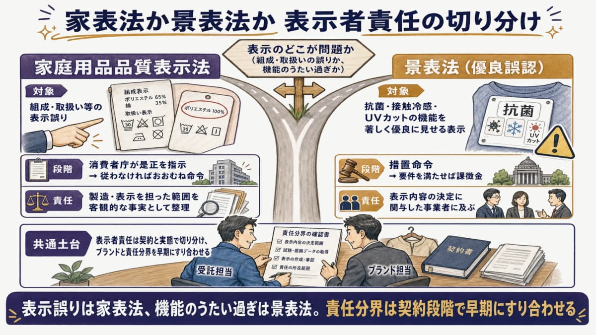 家表法と景表法の行政対応と表示者責任の切り分け図
