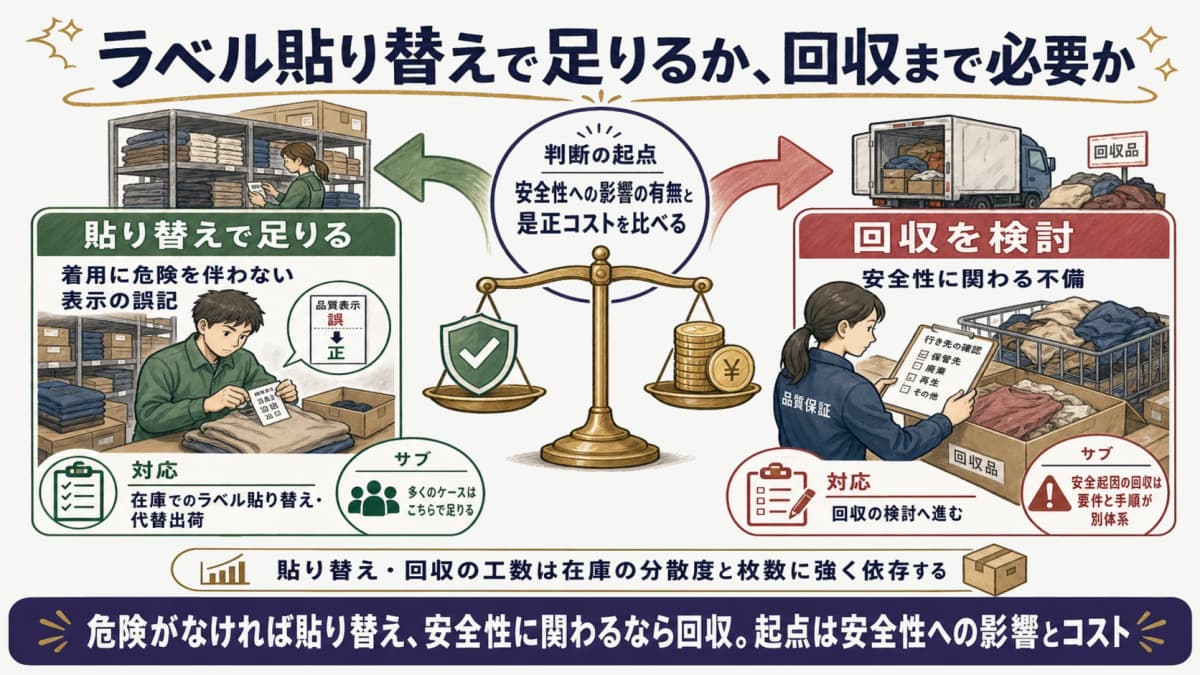 着用の安全性と是正コストを比べ、在庫のラベル貼り替えで足りるか回収まで進むかを受託メーカーが段階判断する比較図。