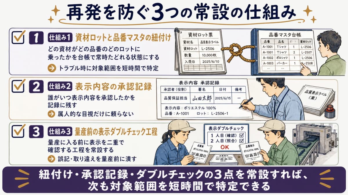 資材ロットと品番マスタの紐付け・表示内容の承認記録・量産前の表示ダブルチェックの3点を常設し再発を防ぐ受託の仕組み化チェックリスト。