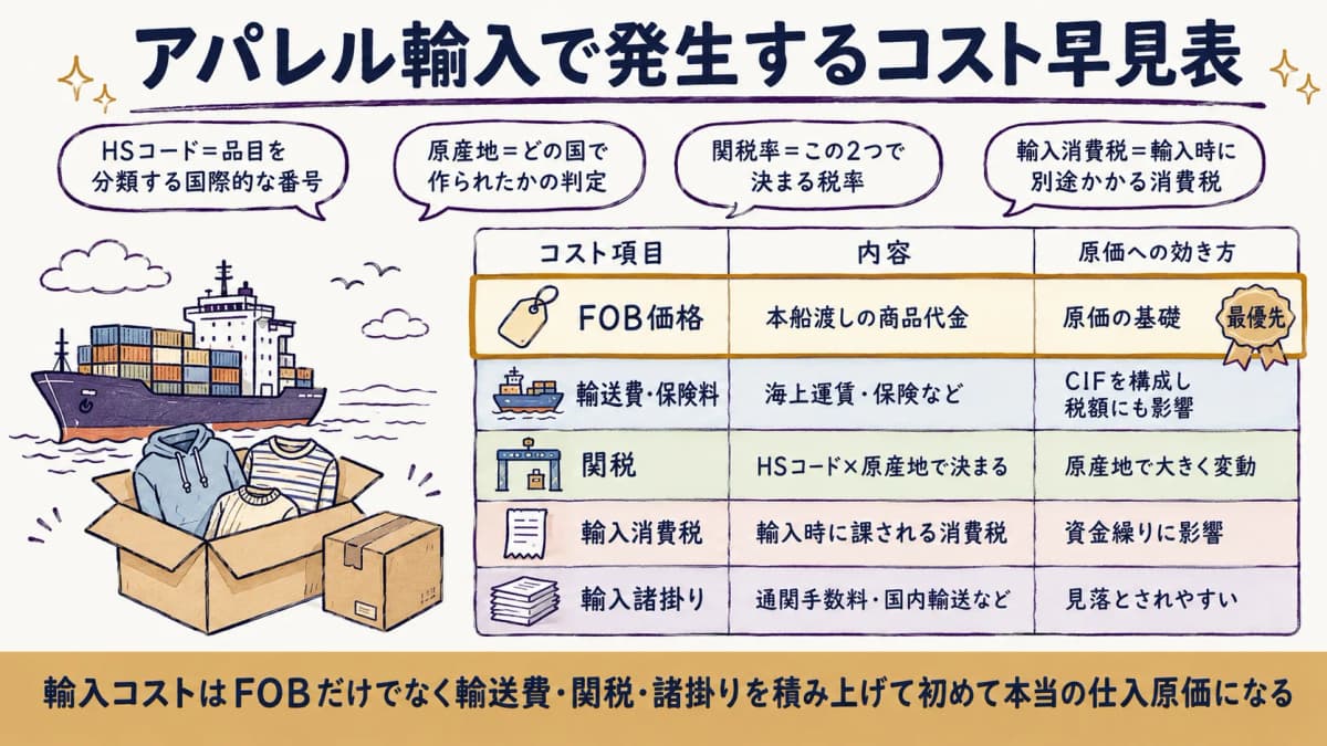 アパレル輸入で発生するFOB金額・輸送費・関税・輸入諸掛りを原価項目として積み上げた早見表のイメージ図