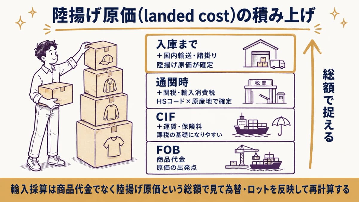 FOB価格に運賃・保険・関税・諸掛りを積み上げて陸揚げ原価を構成する考え方を示した図