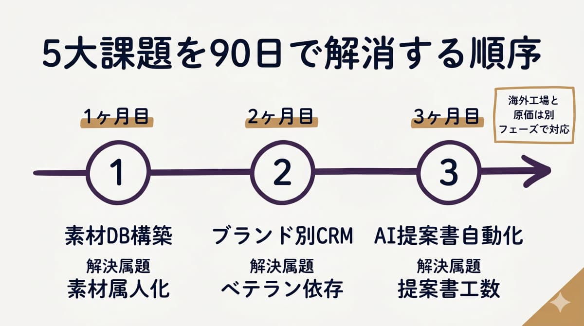 5大課題を90日で順番に解消する3段階ロードマップ