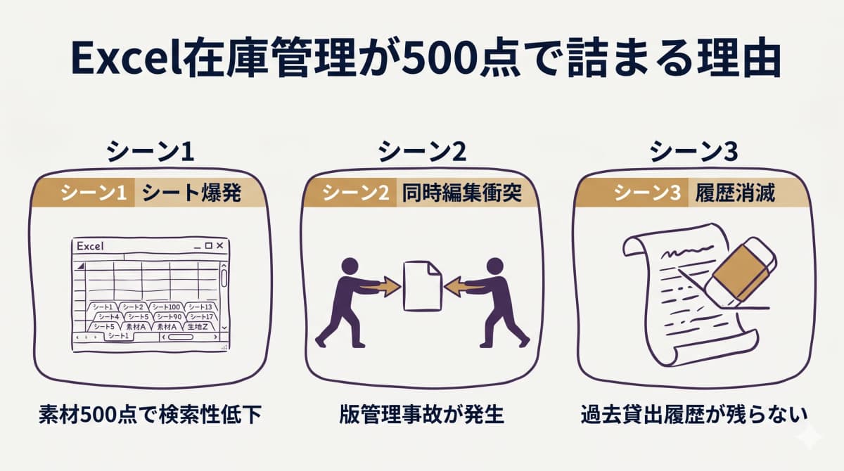 Excel在庫管理が500点で詰まる3つのシーン(シート爆発・同時編集衝突・履歴消滅)