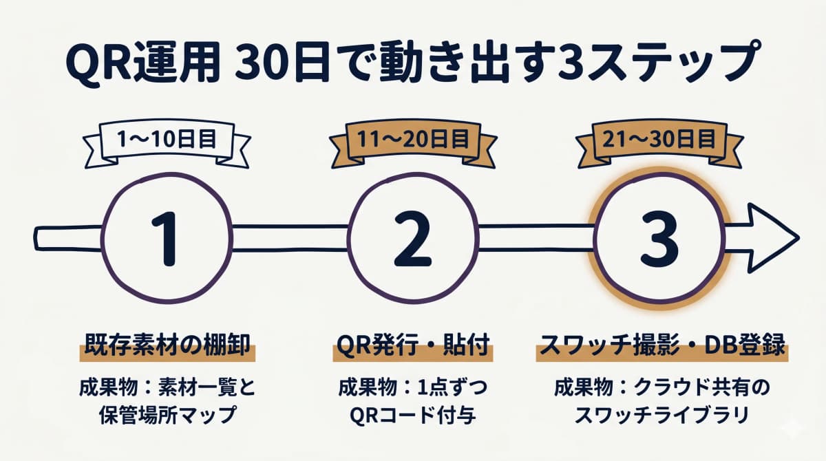 QR運用を始める3ステップの30日プラン図