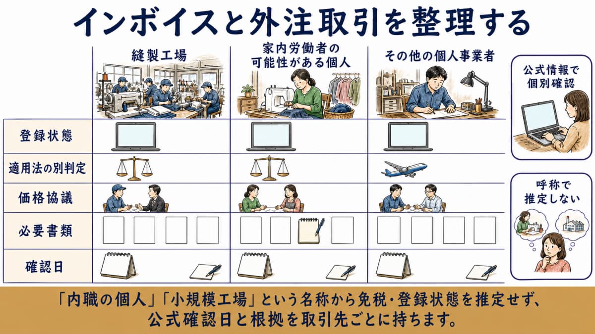 登録状態・適用法・価格協議・発注条件・請求書を分ける図