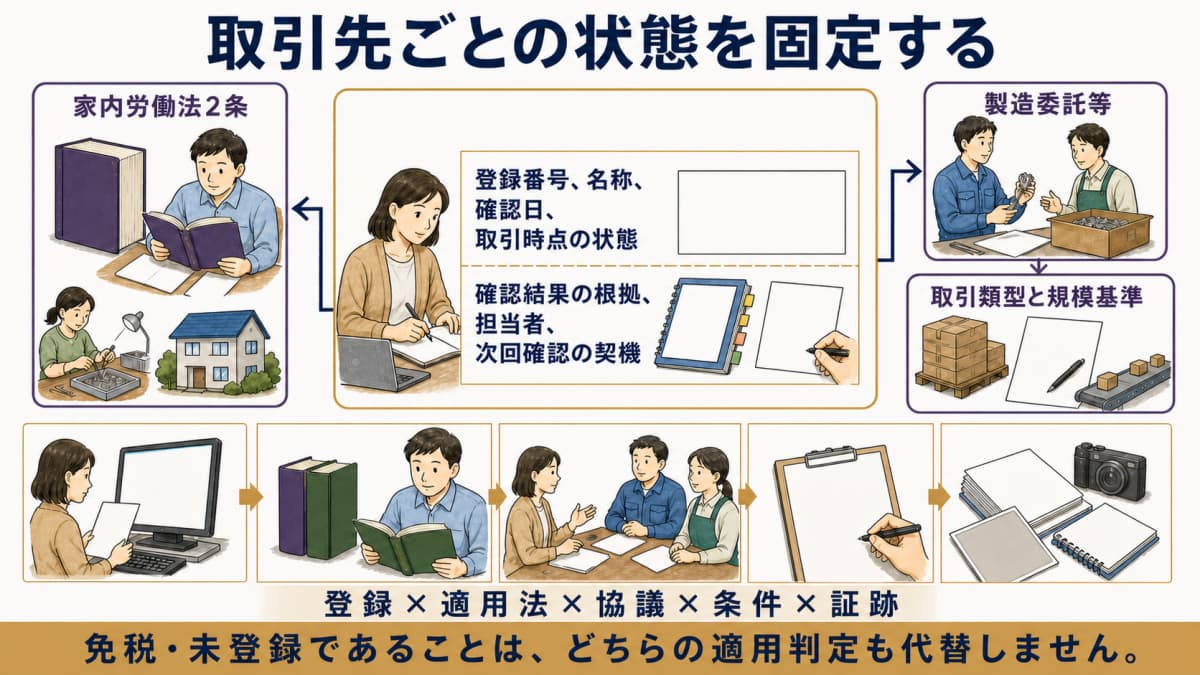 取引先ごとに登録番号・確認日・適用法・根拠を固定する図