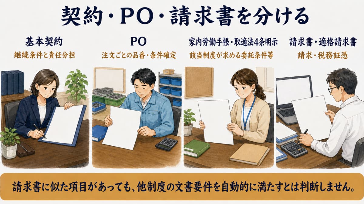 基本契約・個別発注文書・取引法上の書面・請求書を分ける図
