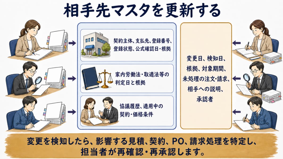 登録・適用法・協議・条件・証跡を相手先マスタで更新する図