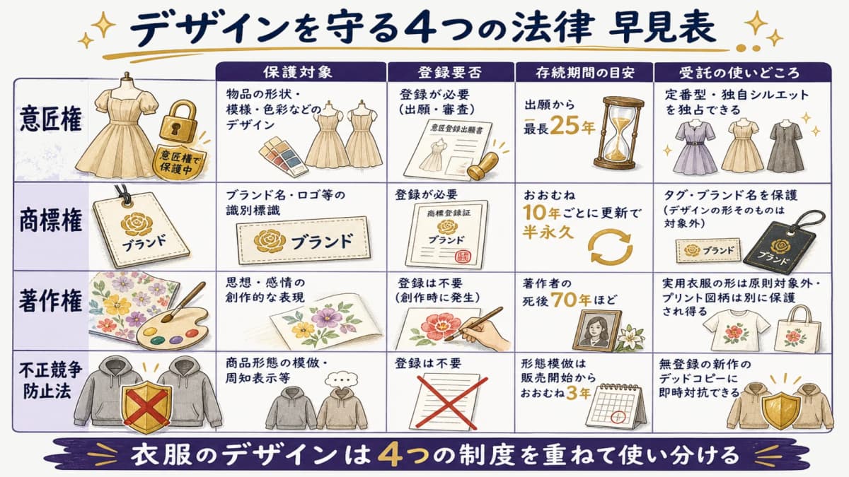 意匠権・商標権・著作権・不正競争防止法の保護対象を工程別に対応づけた早見表の線画イラスト