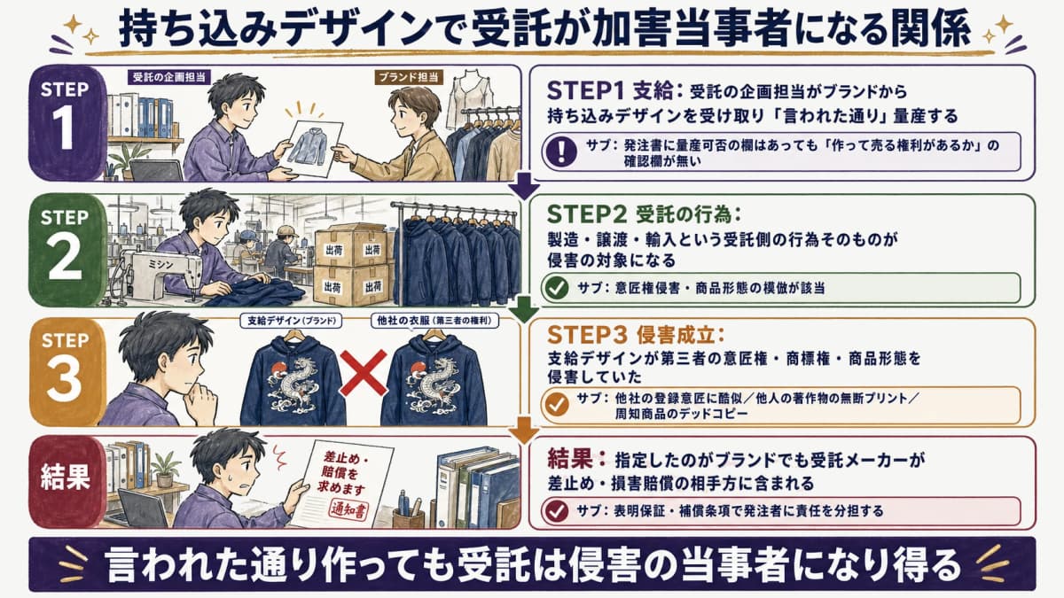 持ち込みデザインの侵害で受託メーカーが差止め・賠償の当事者になる関係を示す線画イラスト