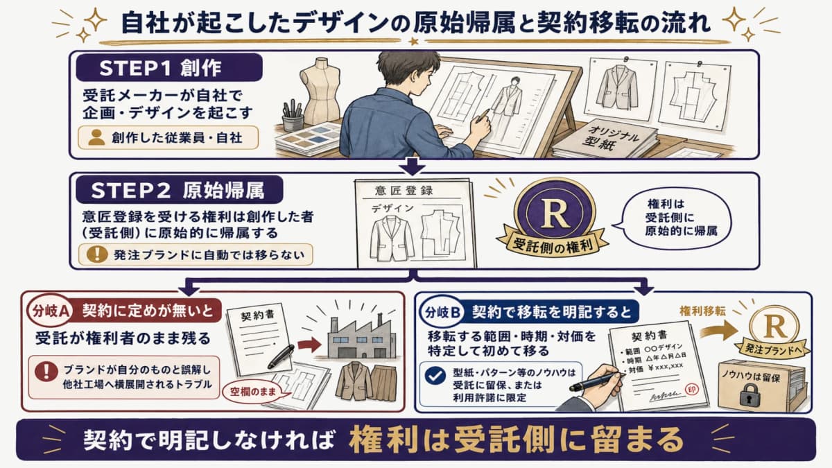 自社創作デザインの権利が創作者側に原始帰属し契約で移転される流れを示す線画イラスト
