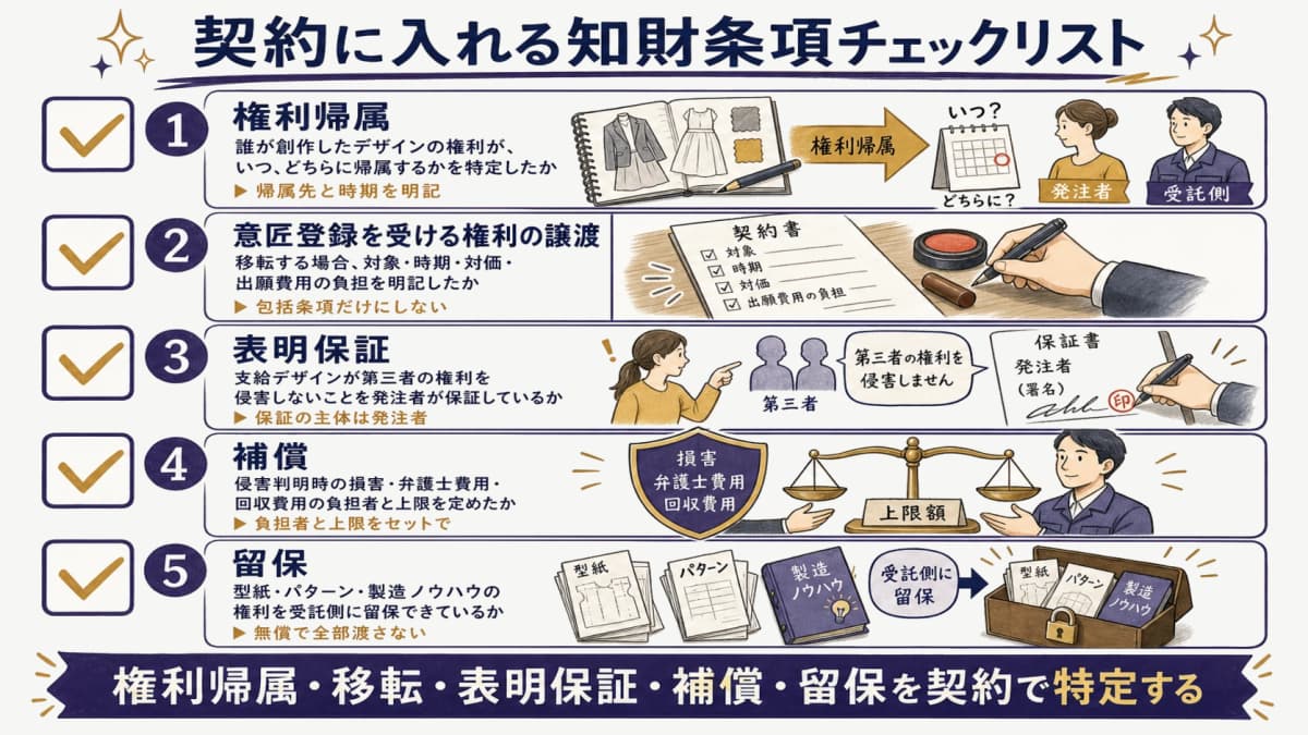 知財条項の権利帰属・移転・表明保証・対抗手段を並べたチェックリストの線画イラスト