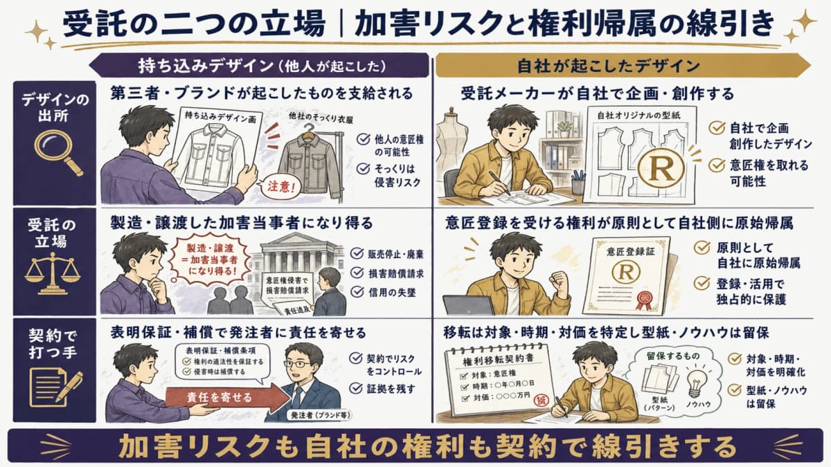 持ち込みデザインの加害リスクと自社が起こしたデザインの権利帰属という受託メーカーの二つの立場を対比し、契約での線引きを示す線画イラスト