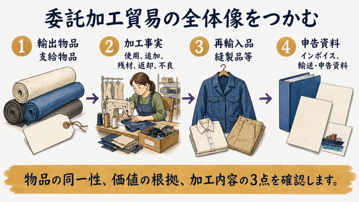 委託加工貿易の4段階と証拠を示す図