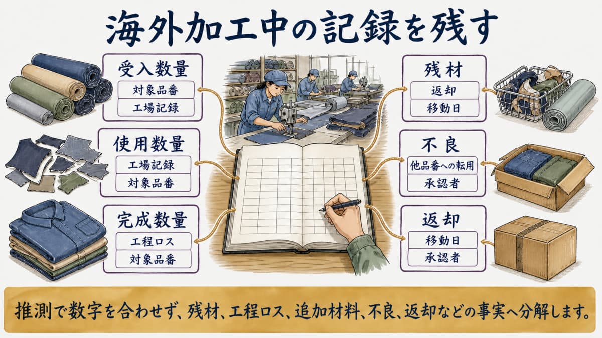 海外加工中の材料使用と差異を記録する図