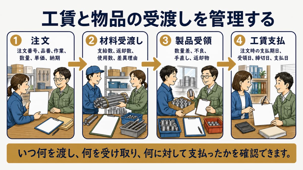 注文から材料受渡し・製品受領・工賃支払までを結ぶ図