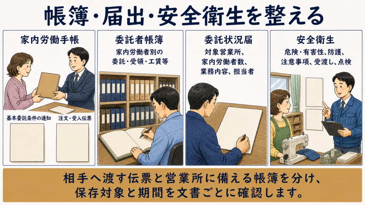 手帳・委託者帳簿・届出・安全衛生の対象と担当を分ける図