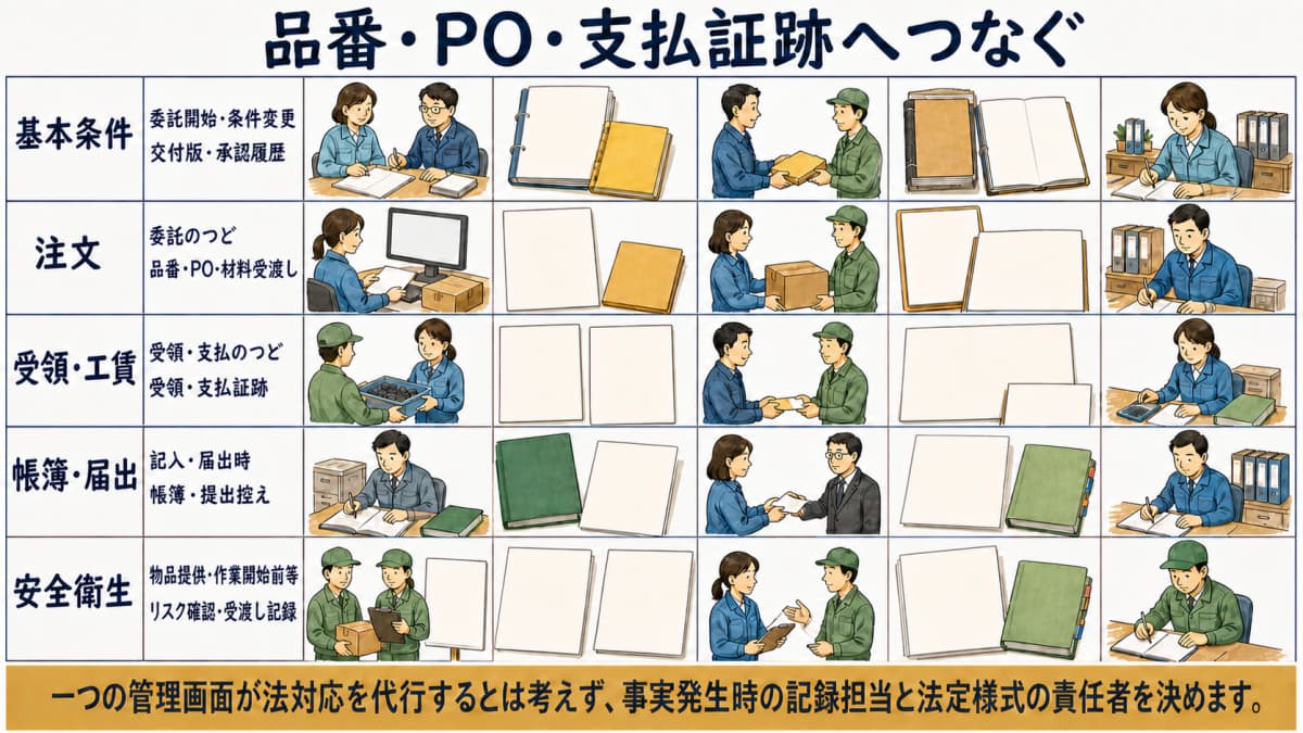内職委託の各イベントを品番・PO・委託先・証跡へつなぐ図