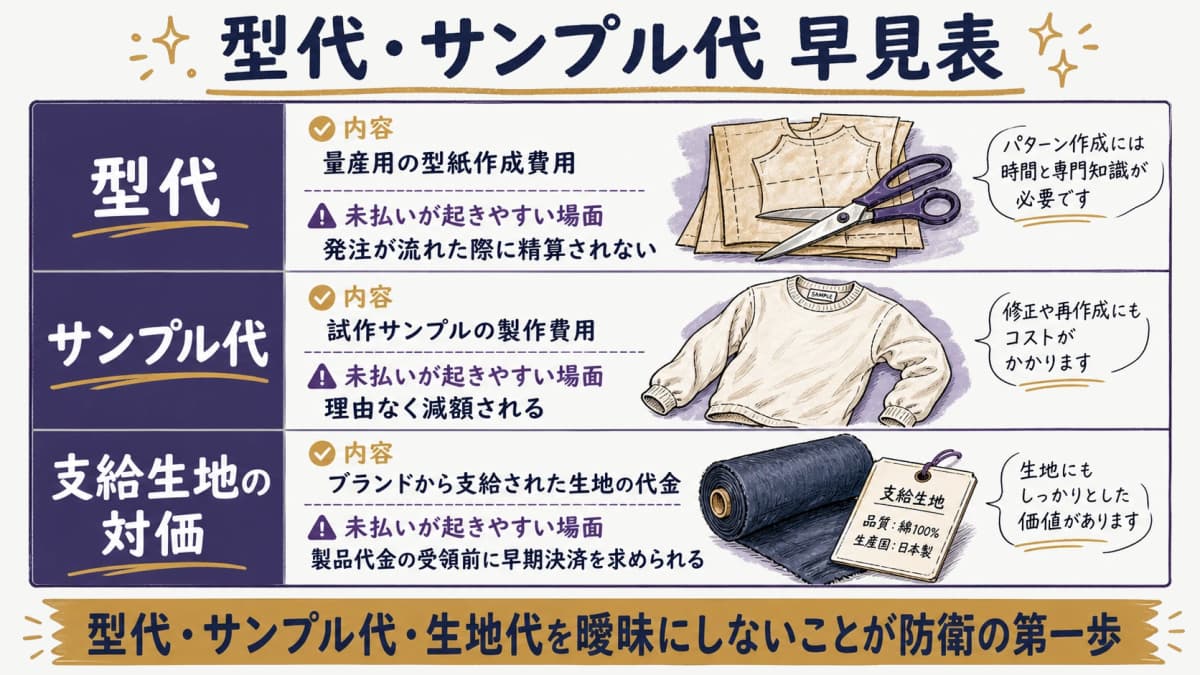 型代・サンプル代・支給生地の対価の内容と、アパレル受託で未払い・減額が起きやすい場面を整理した早見表